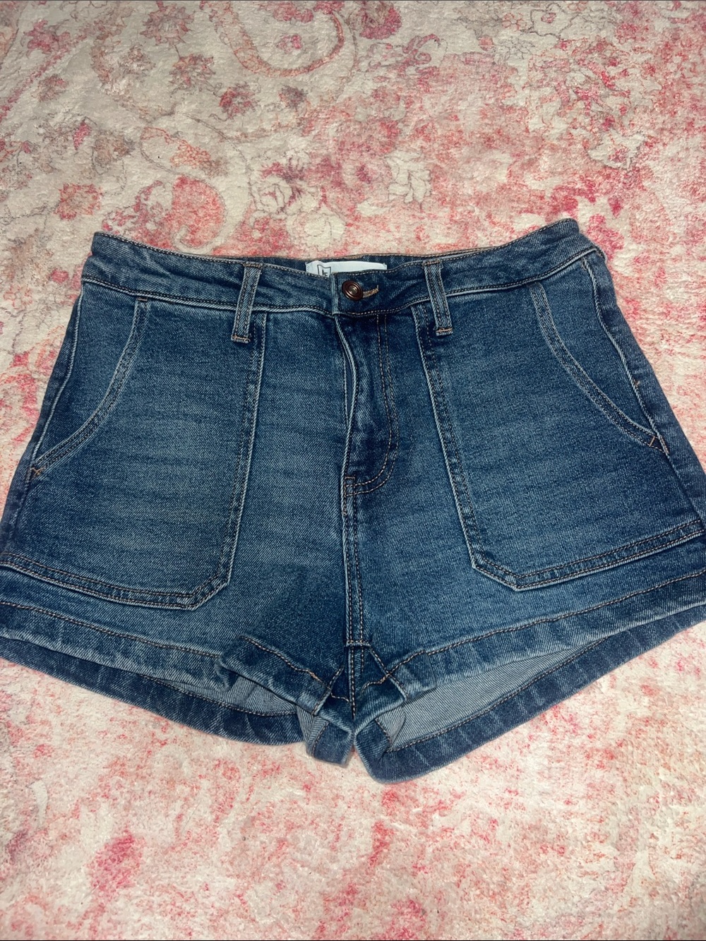 High-Rise Dark Blue Denim Jean Shorts with Front Patch Pockets